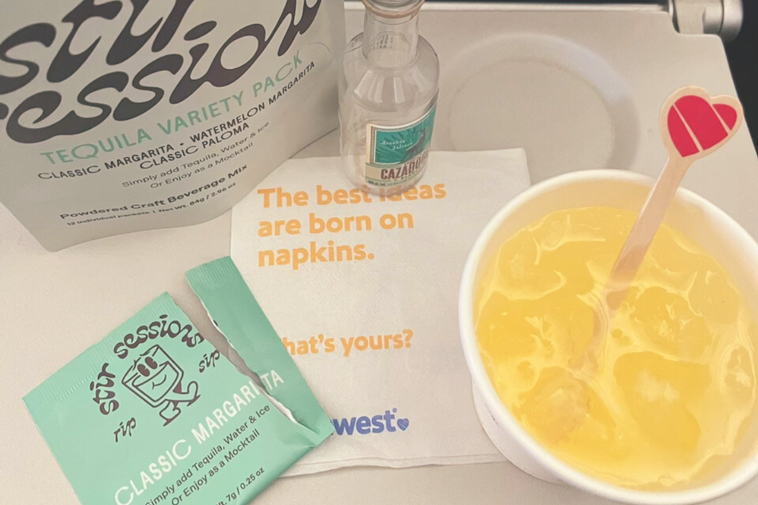 Stir Sessions craft cocktail mixes are perfect for flights. Just add water and booze and relax on the plane. 