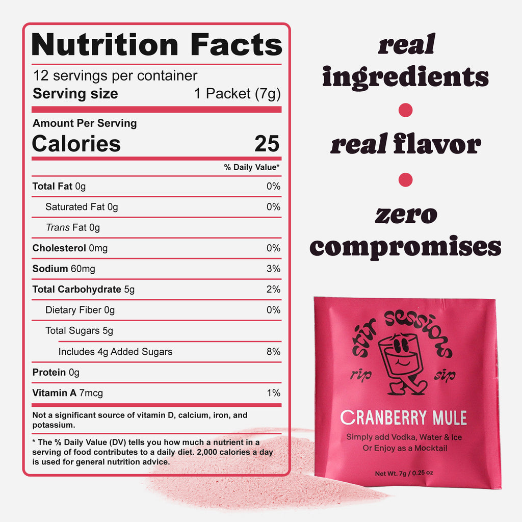 Nutrition facts label of Stir Sessions Cranberry Mule powdered cocktail or mocktail drink beverage packaging on a white background