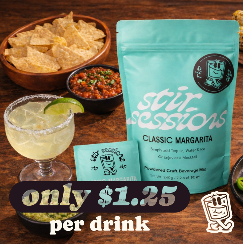 Stir Sessions Classic Margarita mix packet with a cocktail, chips, and salsa on a wooden table.