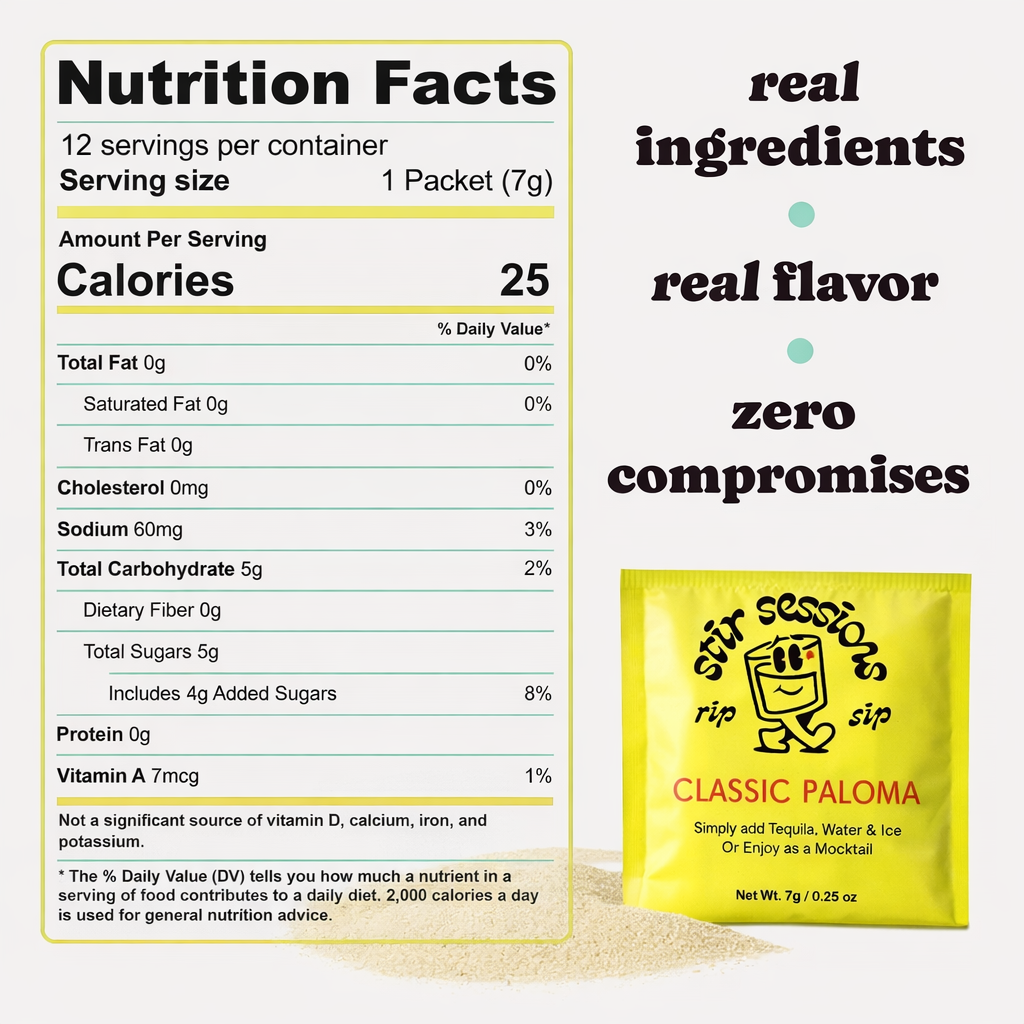 Nutrition facts label and a packet of Classic Paloma with text about ingredients and flavor.