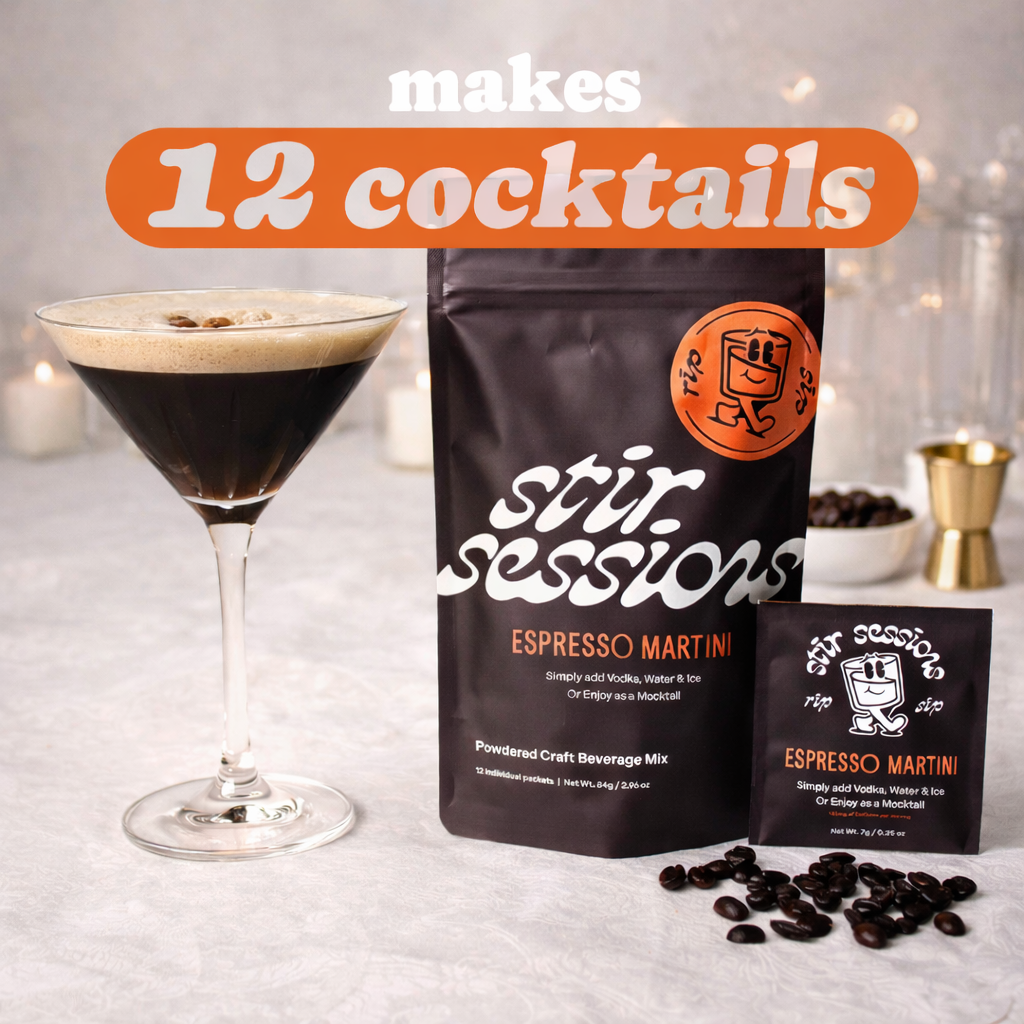 Stir Sessions Espresso Martini mix with a cocktail and coffee beans on a light background