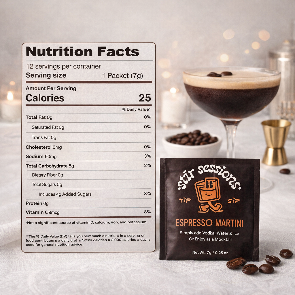 Nutrition facts label and Stir Sessions Espresso Martini mix packet with a cocktail and coffee beans on a light background