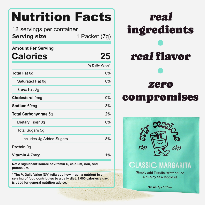 Nutrition facts label and package of Stir Session Classic Margarita mix.