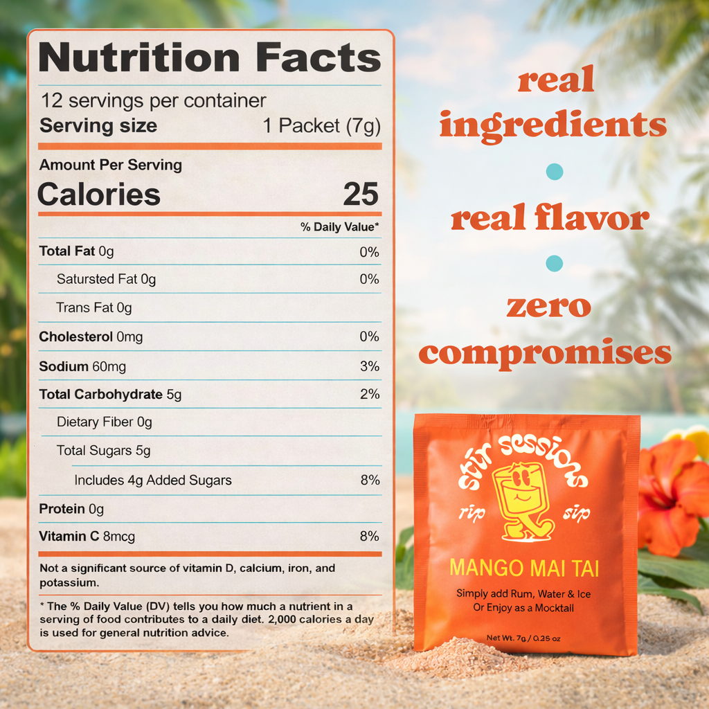 Nutrition Facts info about Mango Mai Tai powdered cocktail or mocktail drink beverage packaging drink mix with beach background.
