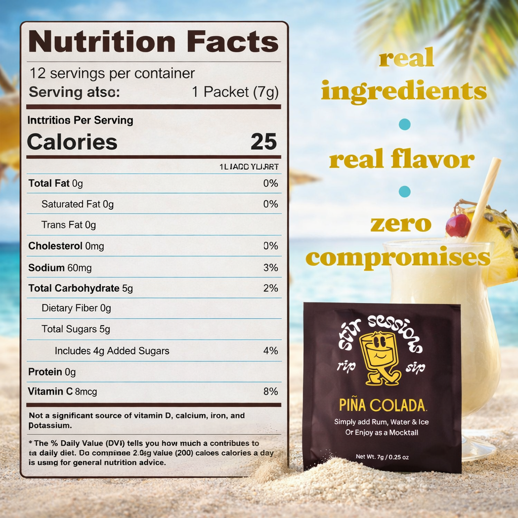 Nutrition Facts for Stir Sessions Mango Mai Tai powdered cocktail or mocktail drink beverage packaging drink mix with a tropical background.