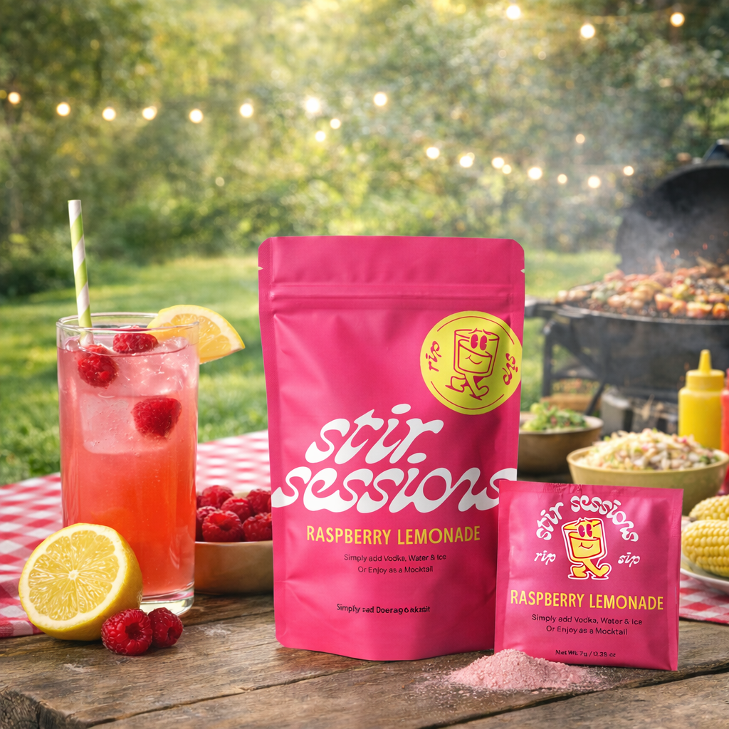 Stir Sessions Raspberry Lemonade powdered cocktail or mocktail drink beverage packaging with a glass of lemonade and raspberries on a wooden table outdoors.