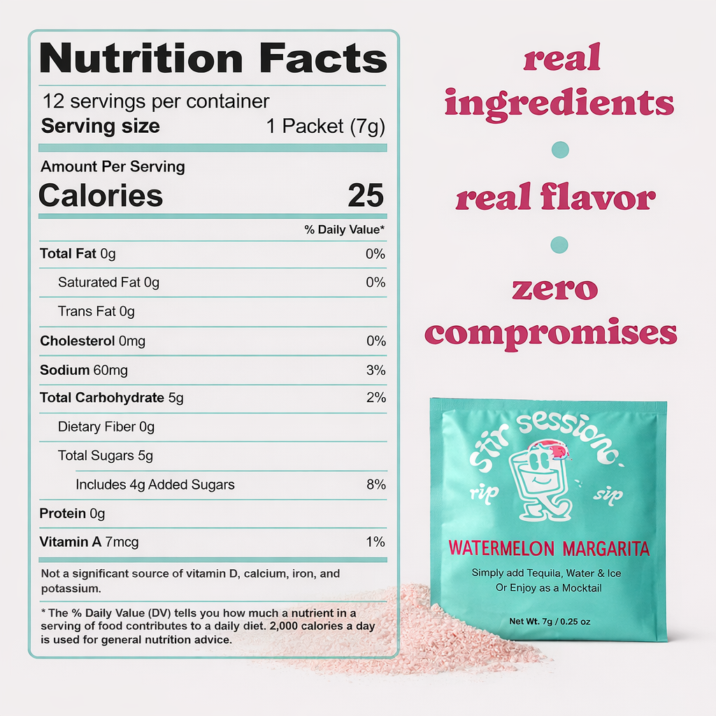 Nutrition facts label and Watermelon Margarita powdered cocktail or mocktail drink beverage packet with text 'real ingredients, real flavor, zero compromises'.