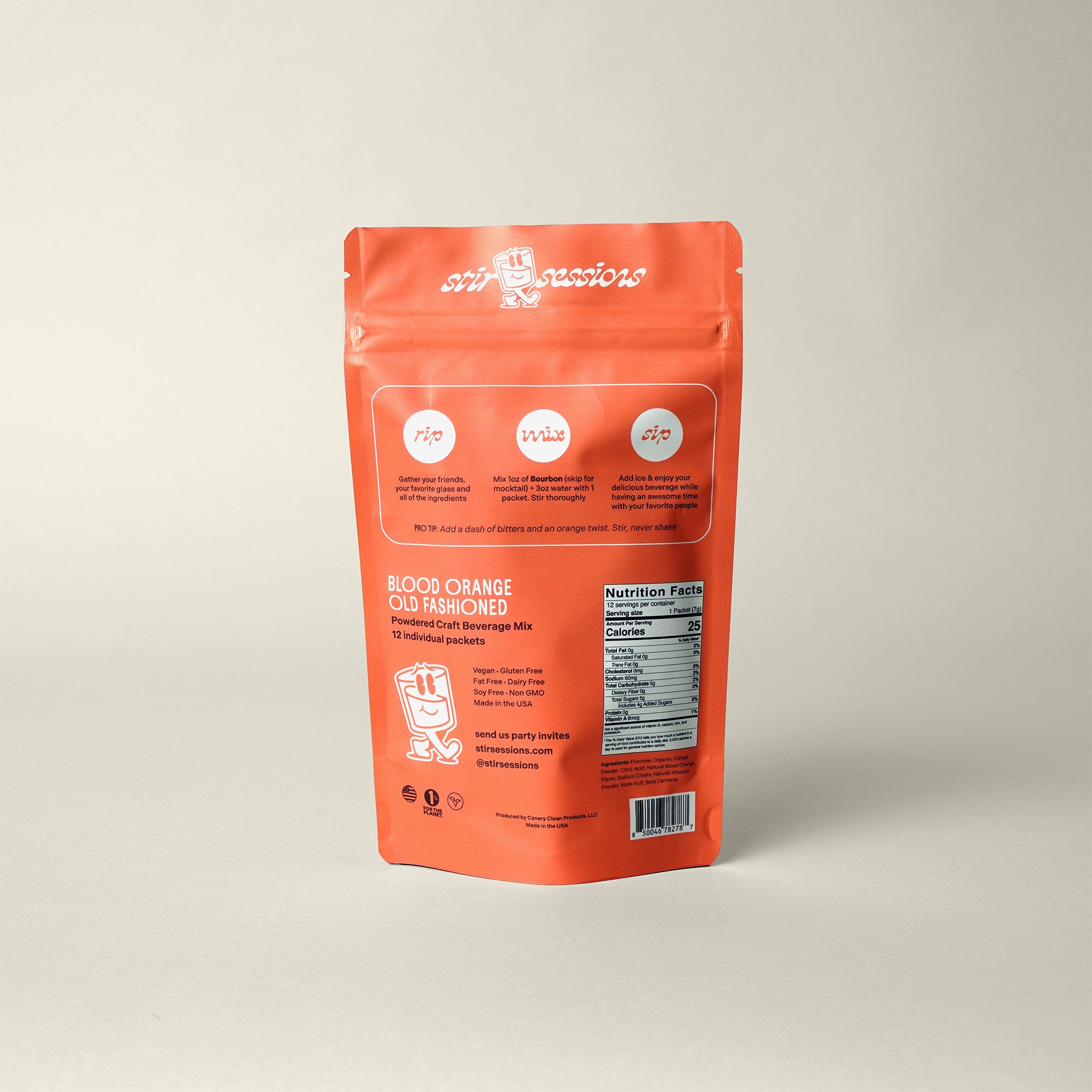 Stir Sessions Blood Orange Old Fashioned powdered cocktail or mocktail drink beverage mix packaging on a light gray background, back view with nutrition facts