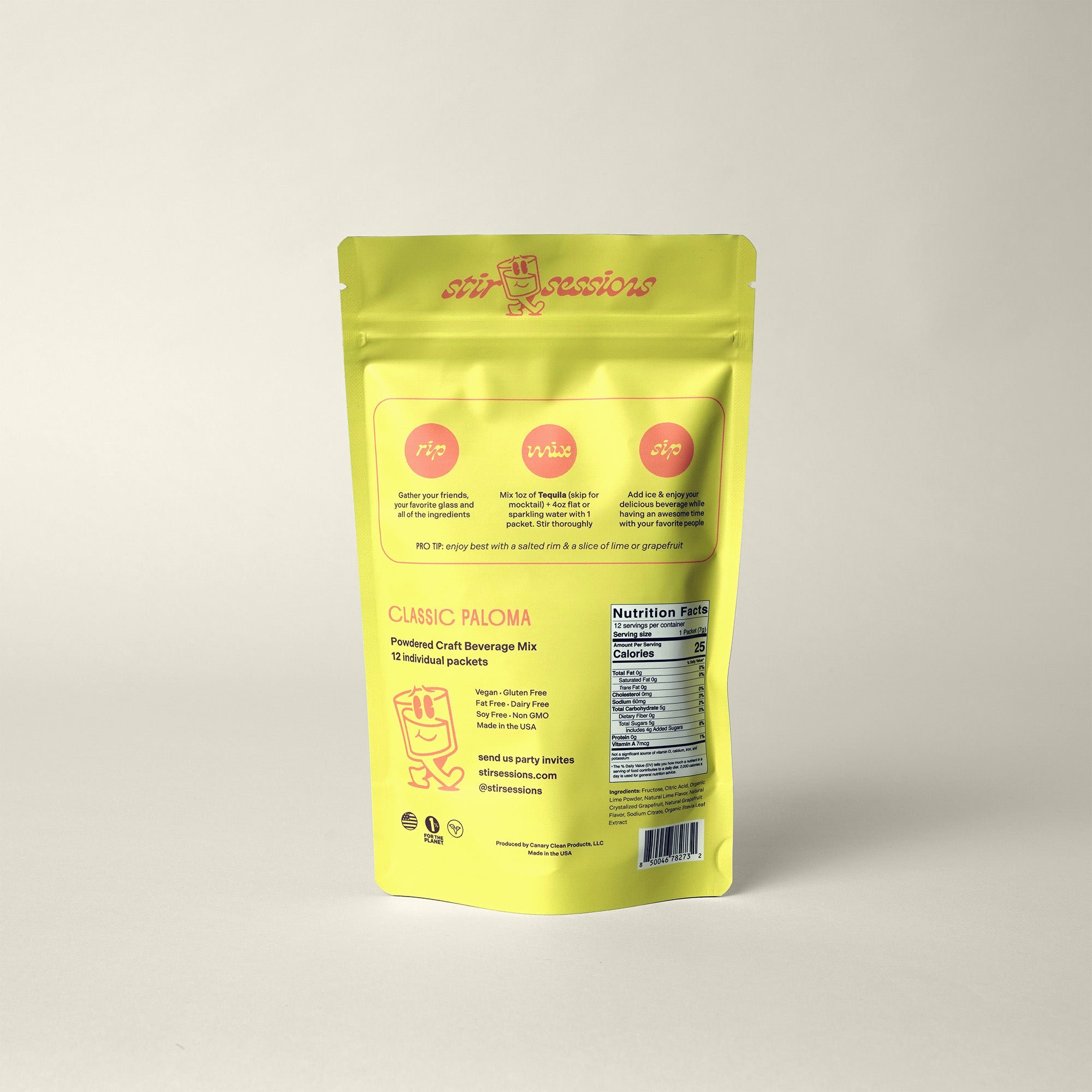 Yellow package of Classic Paloma beverage mix on a light gray background
