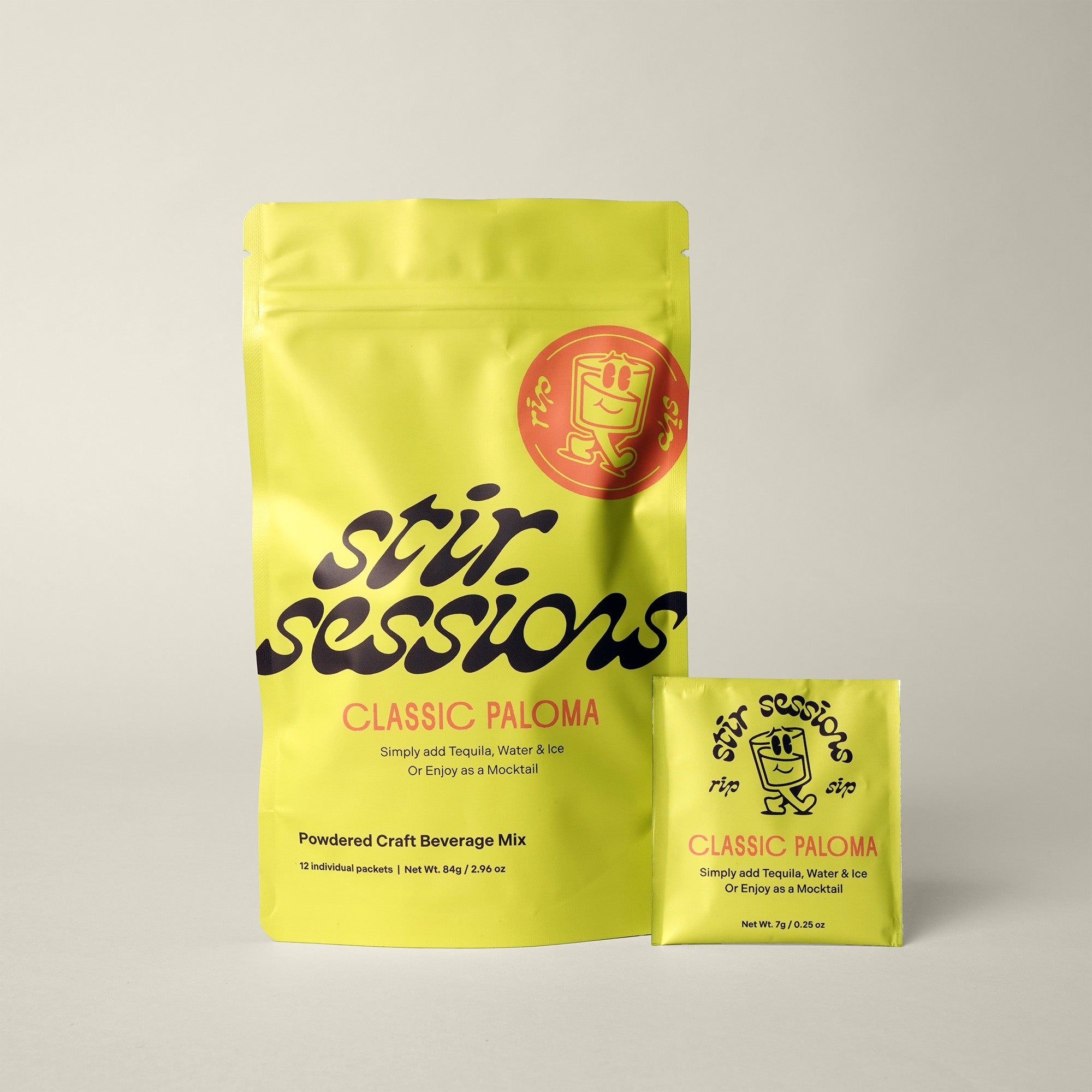 12-pack of 'Stir Sessions Classic Paloma' beverage mix alongside a single-use packet on a light gray background