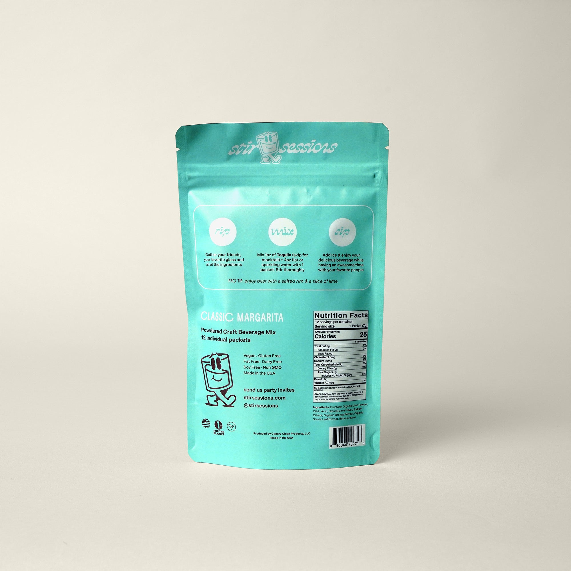 Teal package with nutritional information on a light gray background