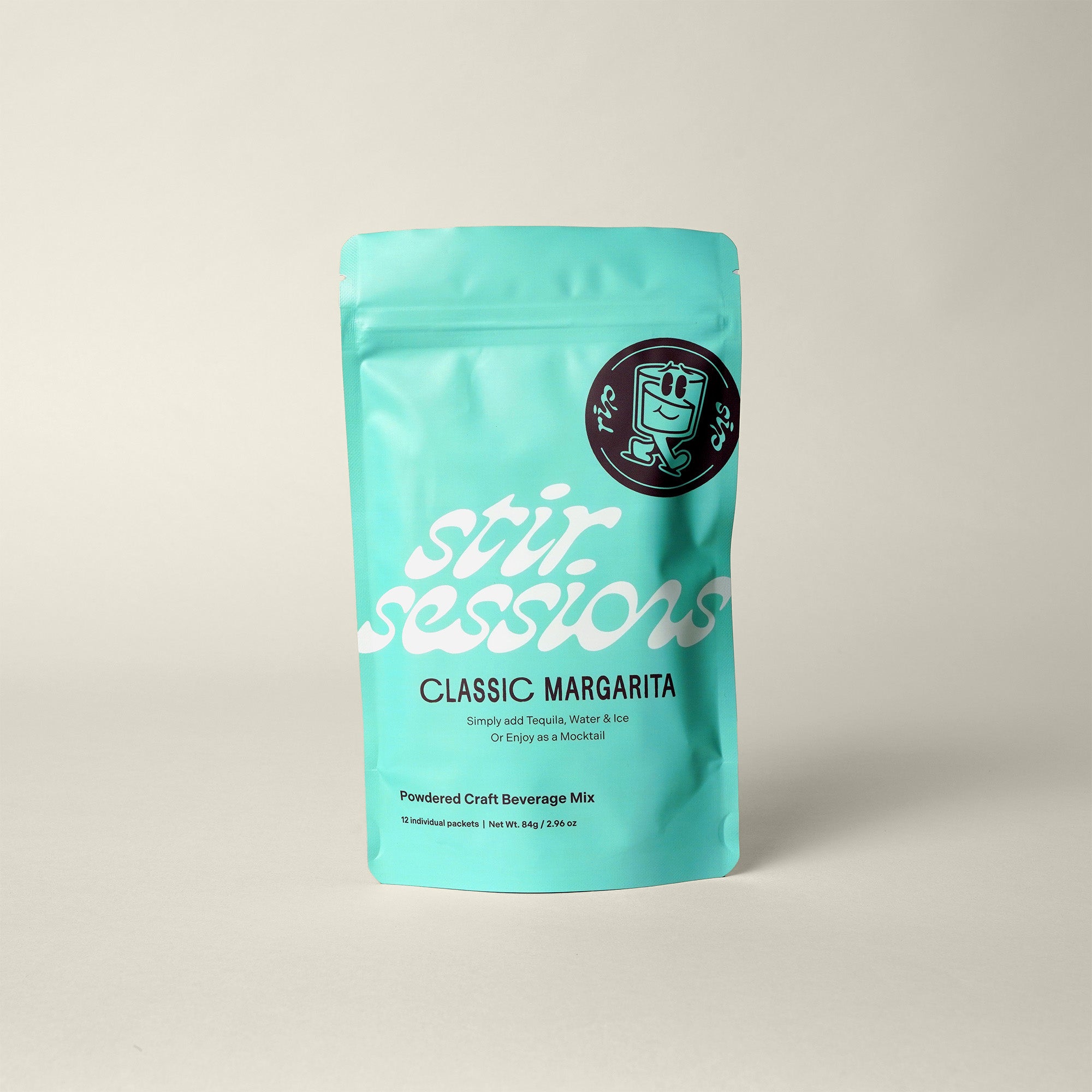 Turquoise package of 'Stir Sessions Classic Margarita' on a light gray background
