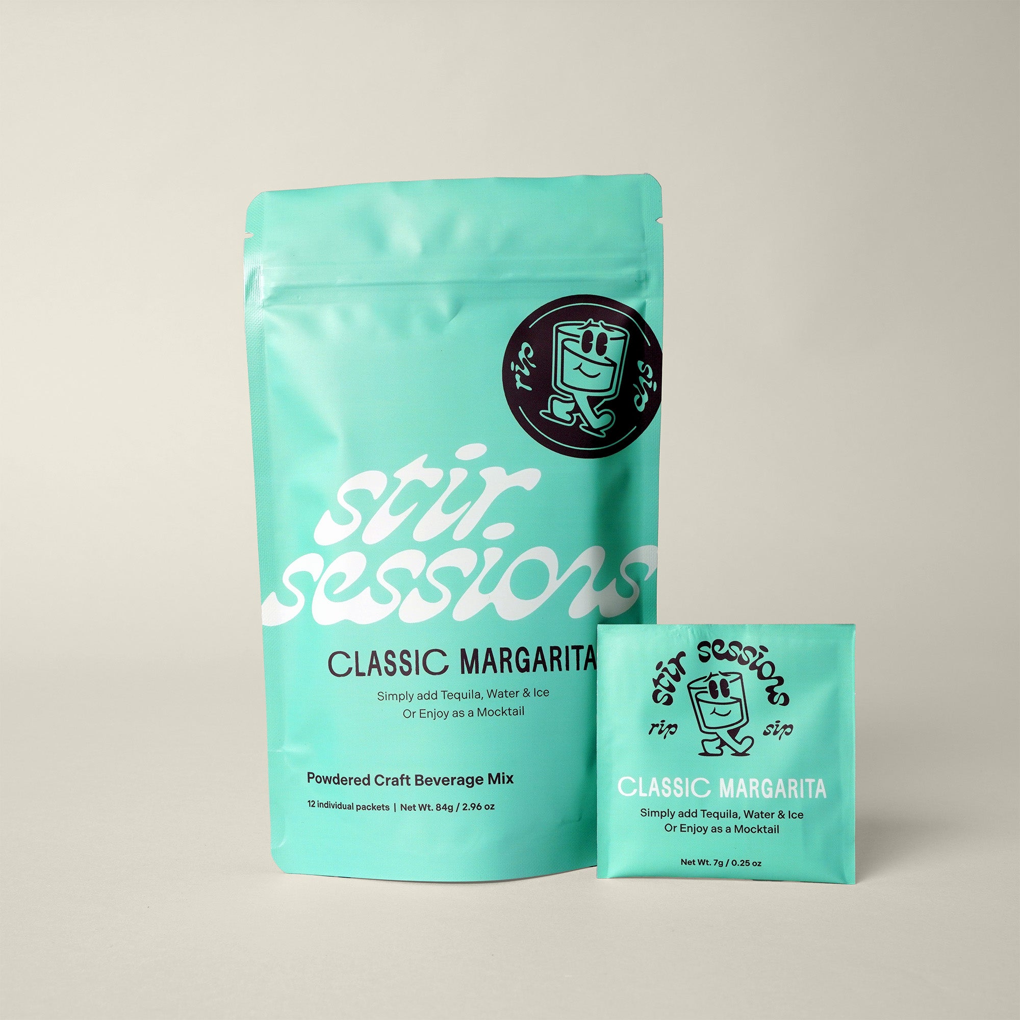 Two teal packages of 'stir sessions Classic Margarita' beverage mix on a light gray background