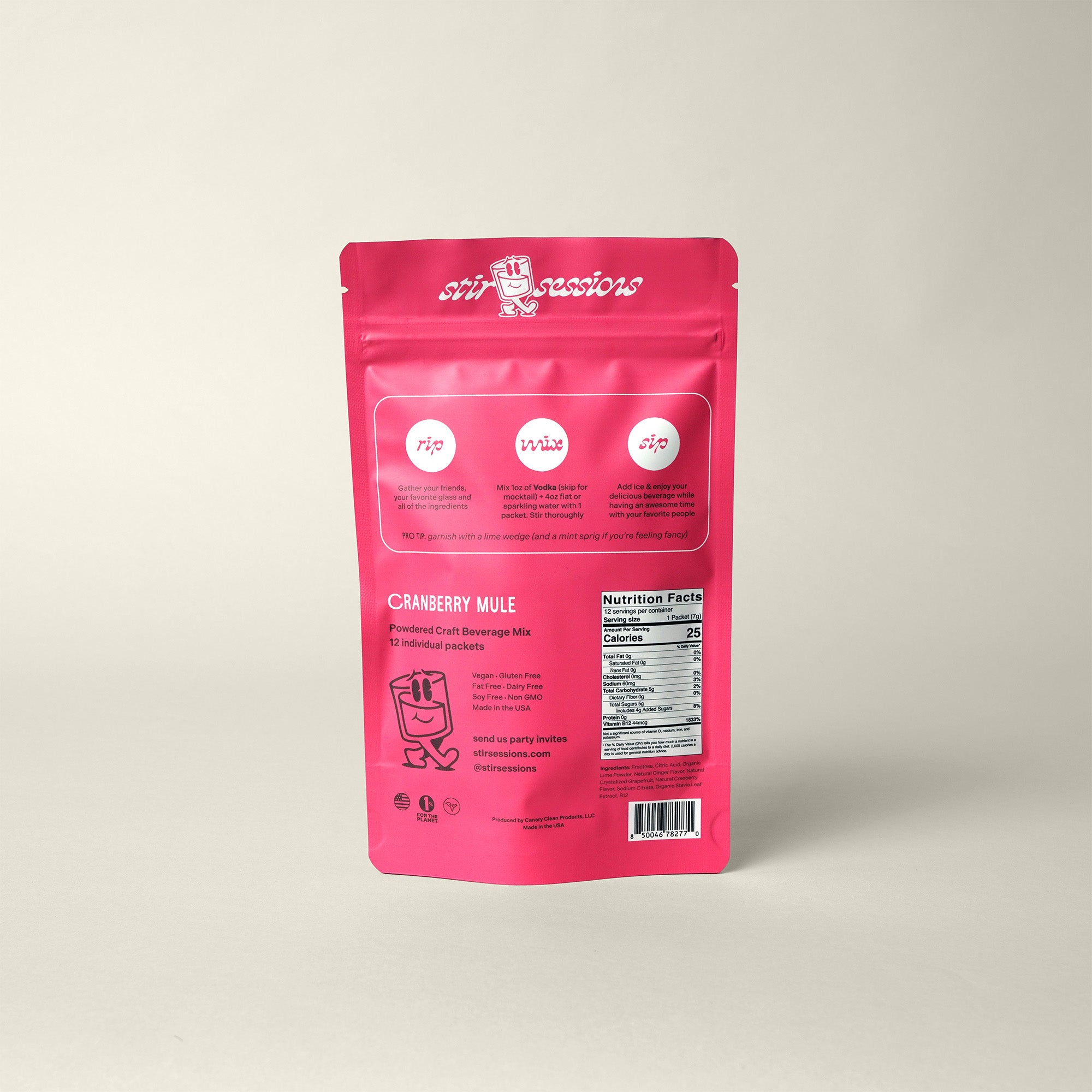 Stir Sessions Cranberry Mule powdered cocktail or mocktail drink beverage packaging with brand logo on a light gray background. Back view. 