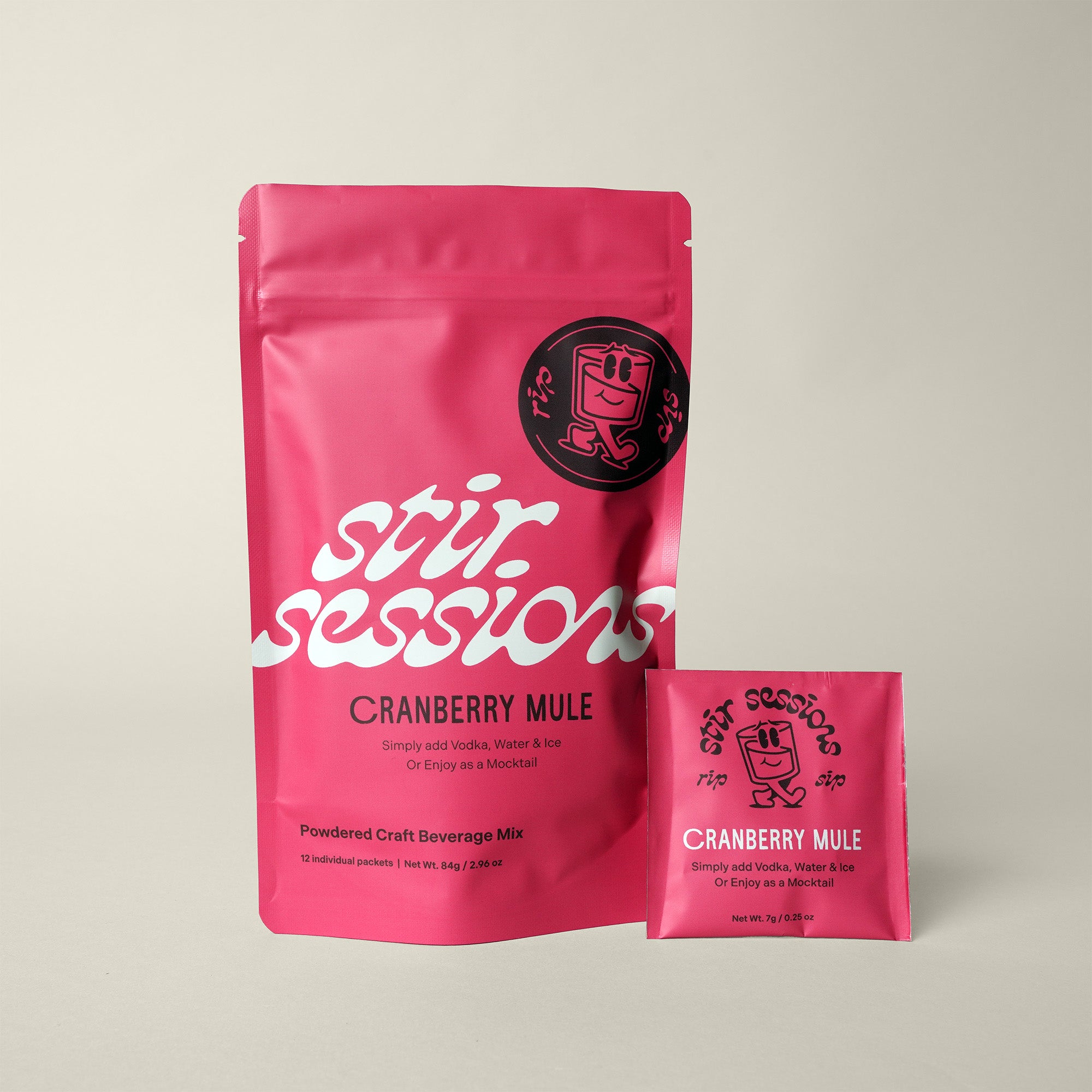 Stir Sessions Cranberry Mule powdered cocktail or mocktail drink beverage packaging on a light gray background
