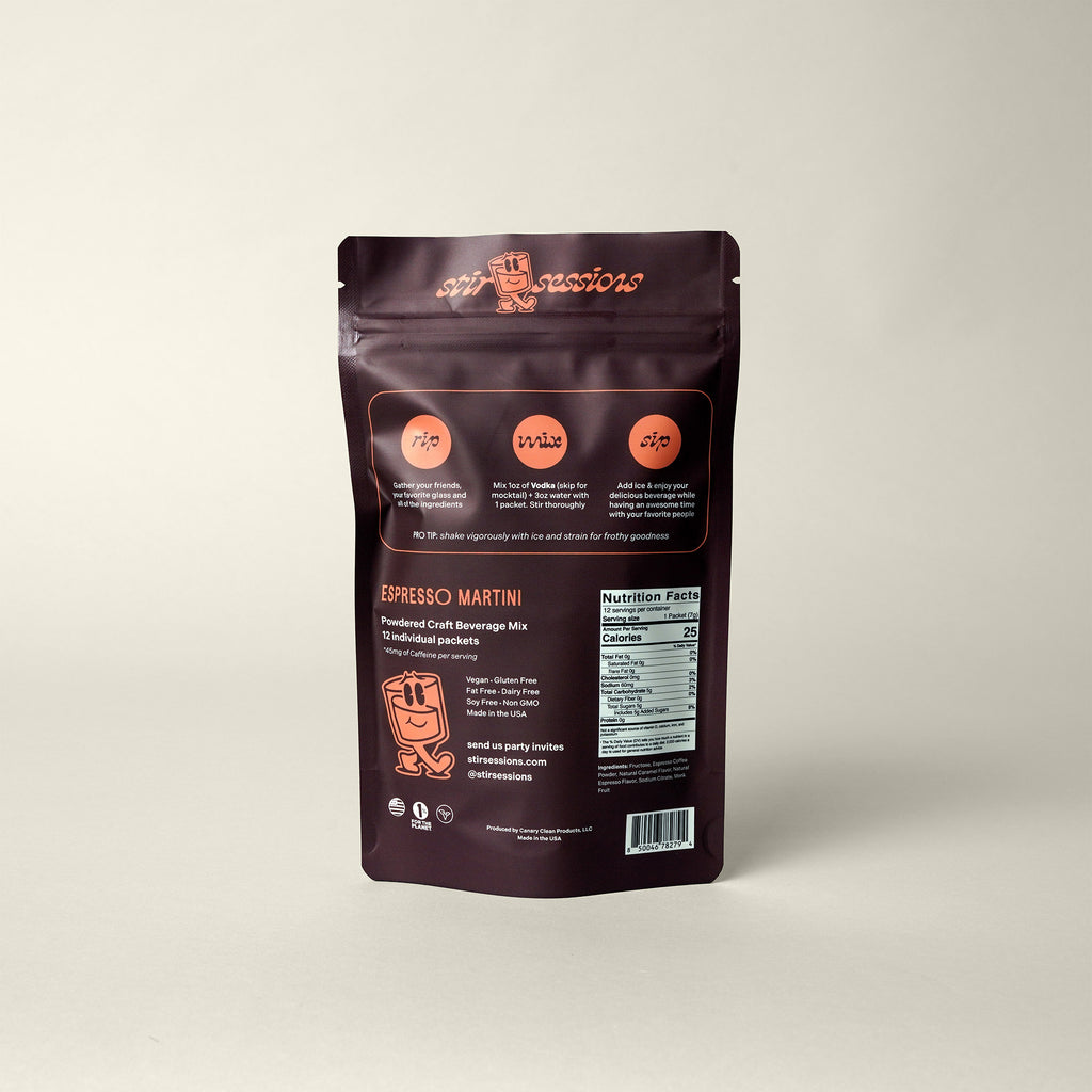 Stir Sessions Espresso Martini beverage mix powdered cocktail or mocktail drink beverage packaging on a light gray background, back view.