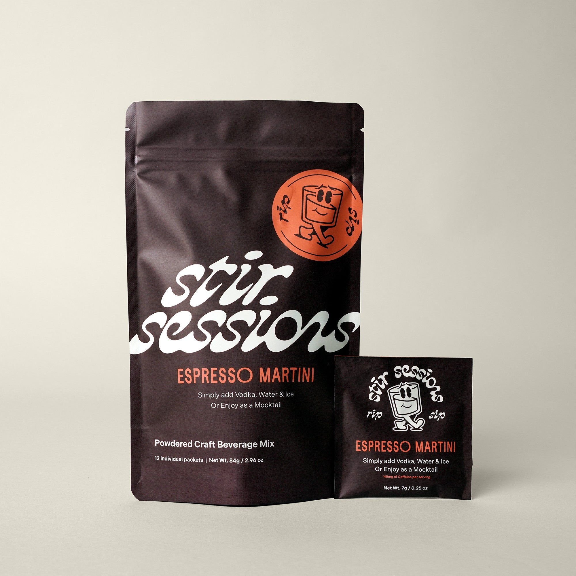 Stir Sessions Espresso Martini powdered cocktail or mocktail drink beverage packaging on a light gray background