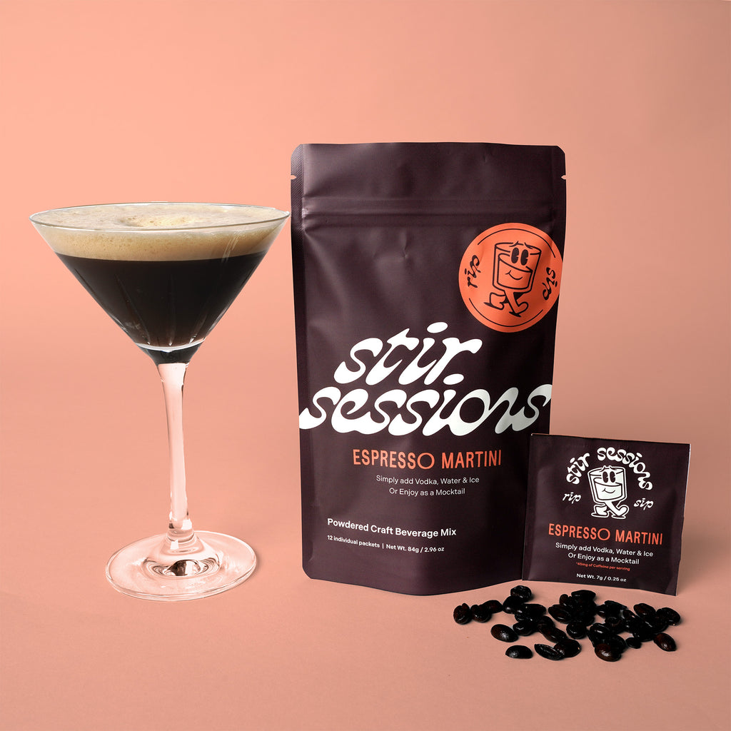 Stir Sessions Espresso Martini powdered cocktail or mocktail drink beverage packaging with a glass of espresso martini on a peach background