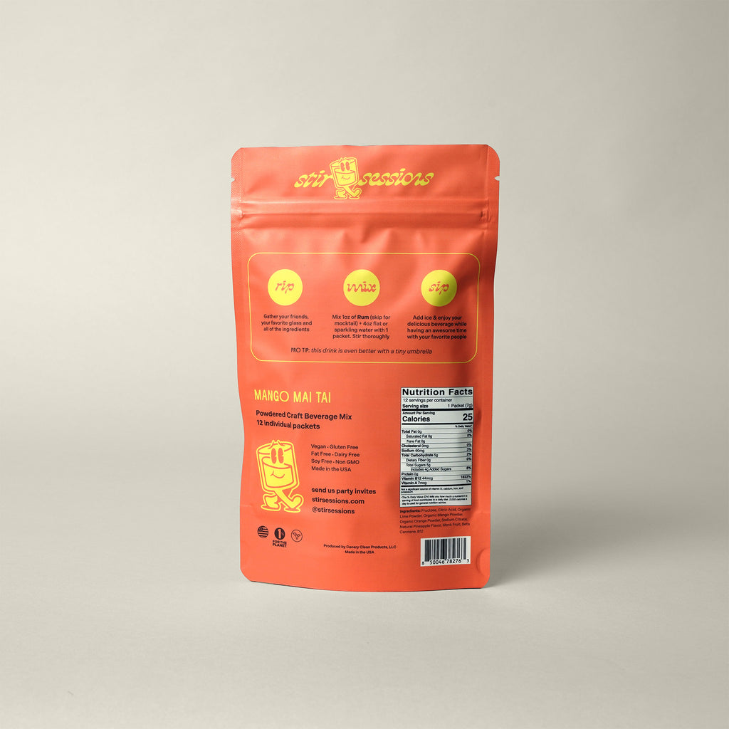 Stir Sessions Mango Mai Tai powdered cocktail or mocktail drink beverage packaging drink mix on a gray background