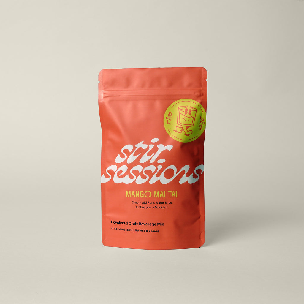 Stir Sessions Mango Mai Tai powdered cocktail or mocktail drink beverage packaging drink mix on a beige background