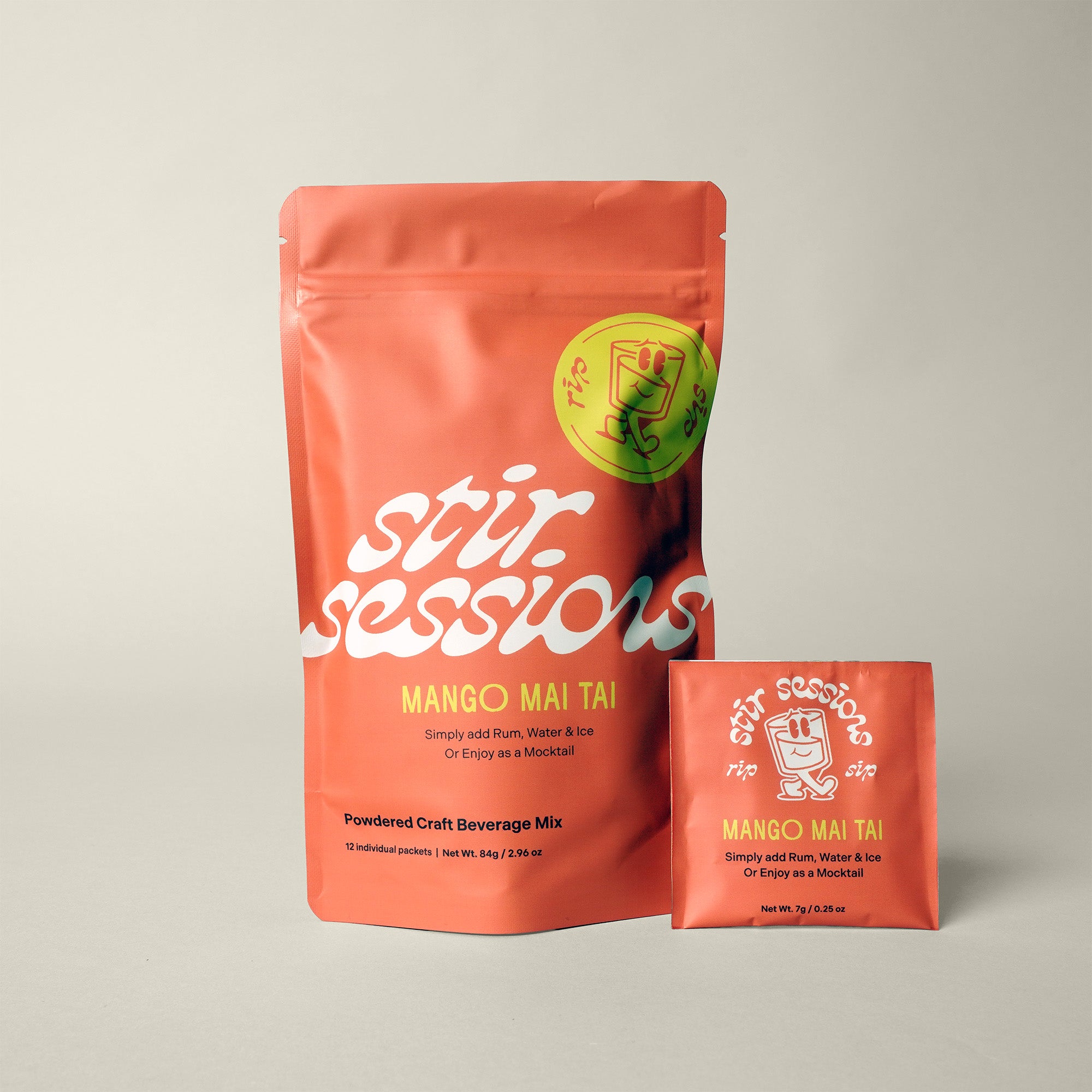 Stir Sessions Mango Mai Tai powdered cocktail or mocktail drink beverage packaging drink mix package on a light gray background