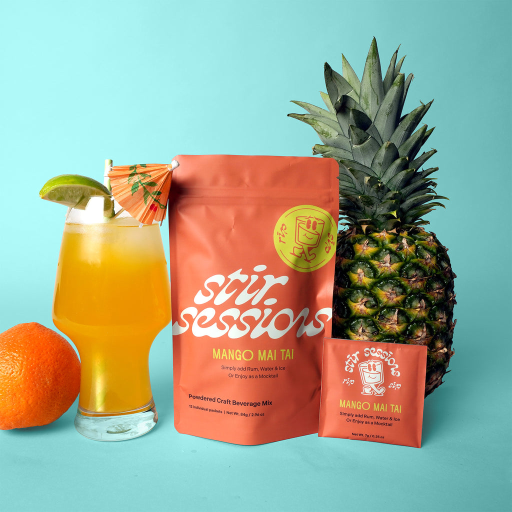 Stir Sessions Mango Mai Tai powdered cocktail or mocktail drink beverage packaging drink mix with a glass of mango juice, pineapple, and orange on a teal background.