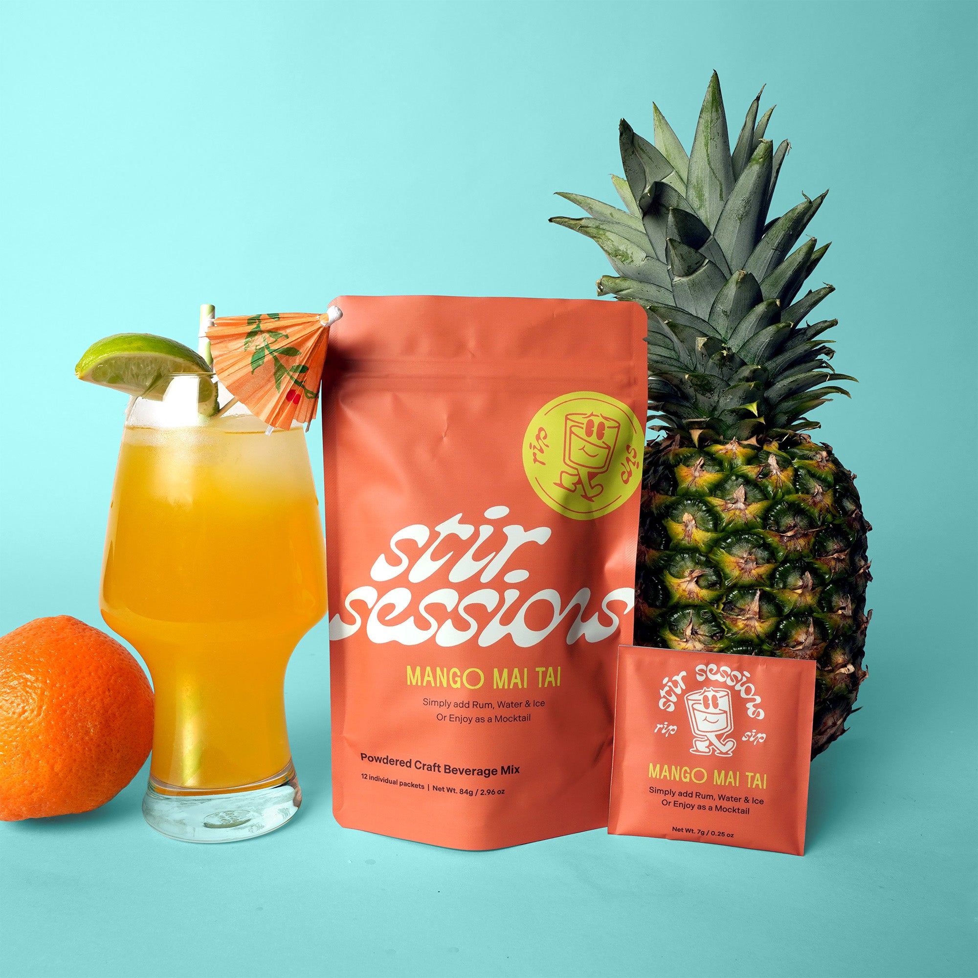 Stir Sessions Mango Mai Tai powdered cocktail or mocktail drink beverage packaging drink mix with a glass of mango juice, pineapple, and orange on a teal background.