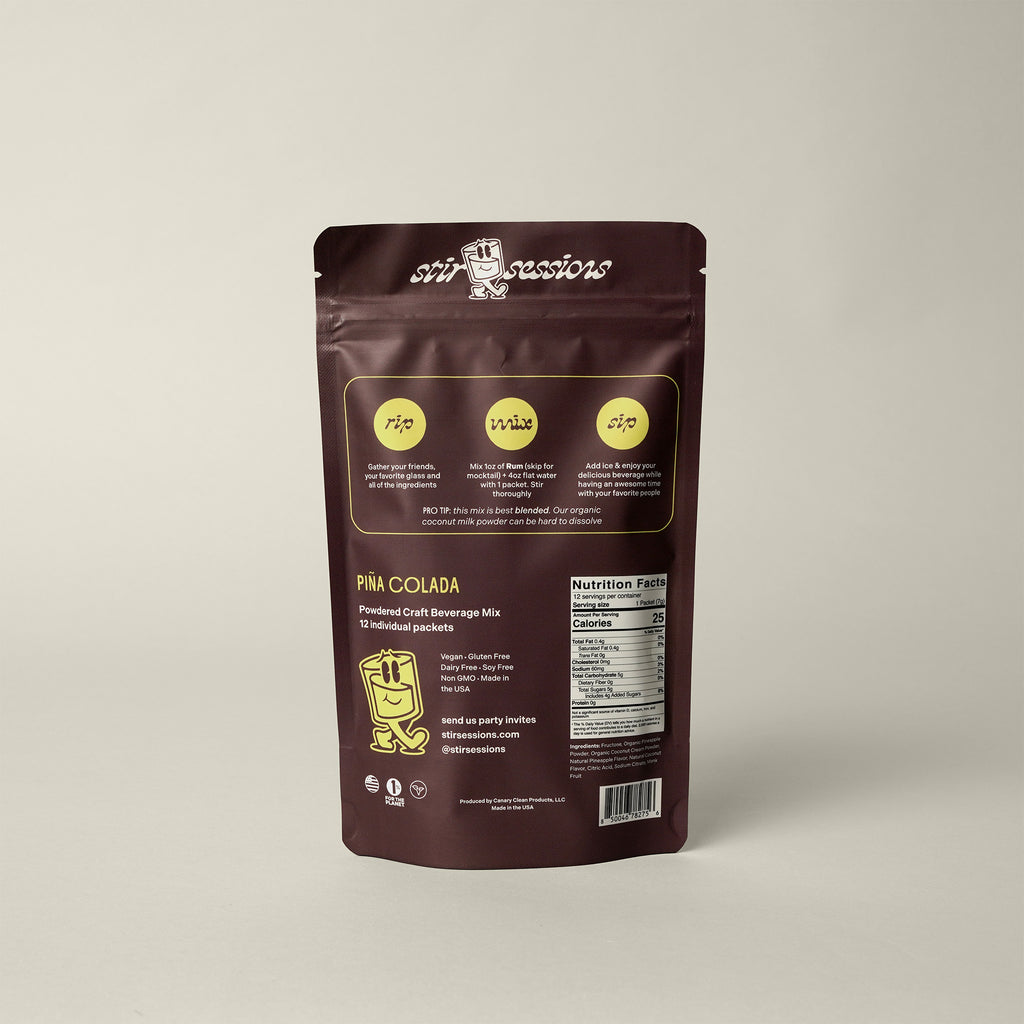 Stir Sessions Mango Mai Tai powdered cocktail or mocktail drink beverage packaging drink mix on a beige background, back view with nutrition facts