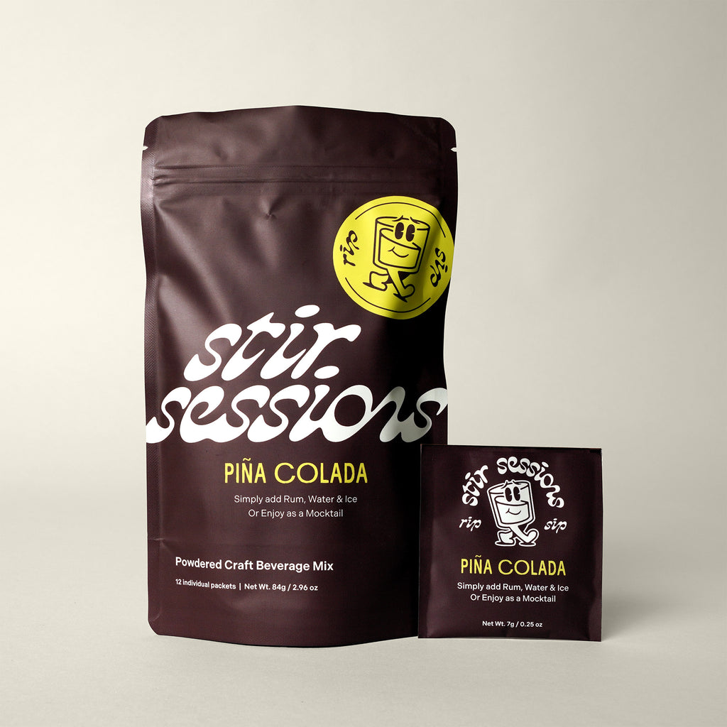 Stir Sessions Mango Mai Tai powdered cocktail or mocktail drink beverage packaging drink mix on a light gray background