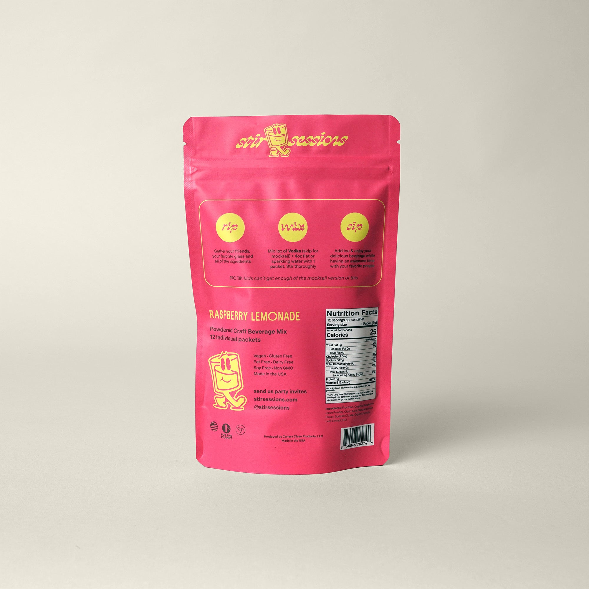 Stir Sessions Raspberry Lemonade powdered cocktail or mocktail drink beverage packaging on a light gray background. Back view of the 12 pack package with nutrition facts.