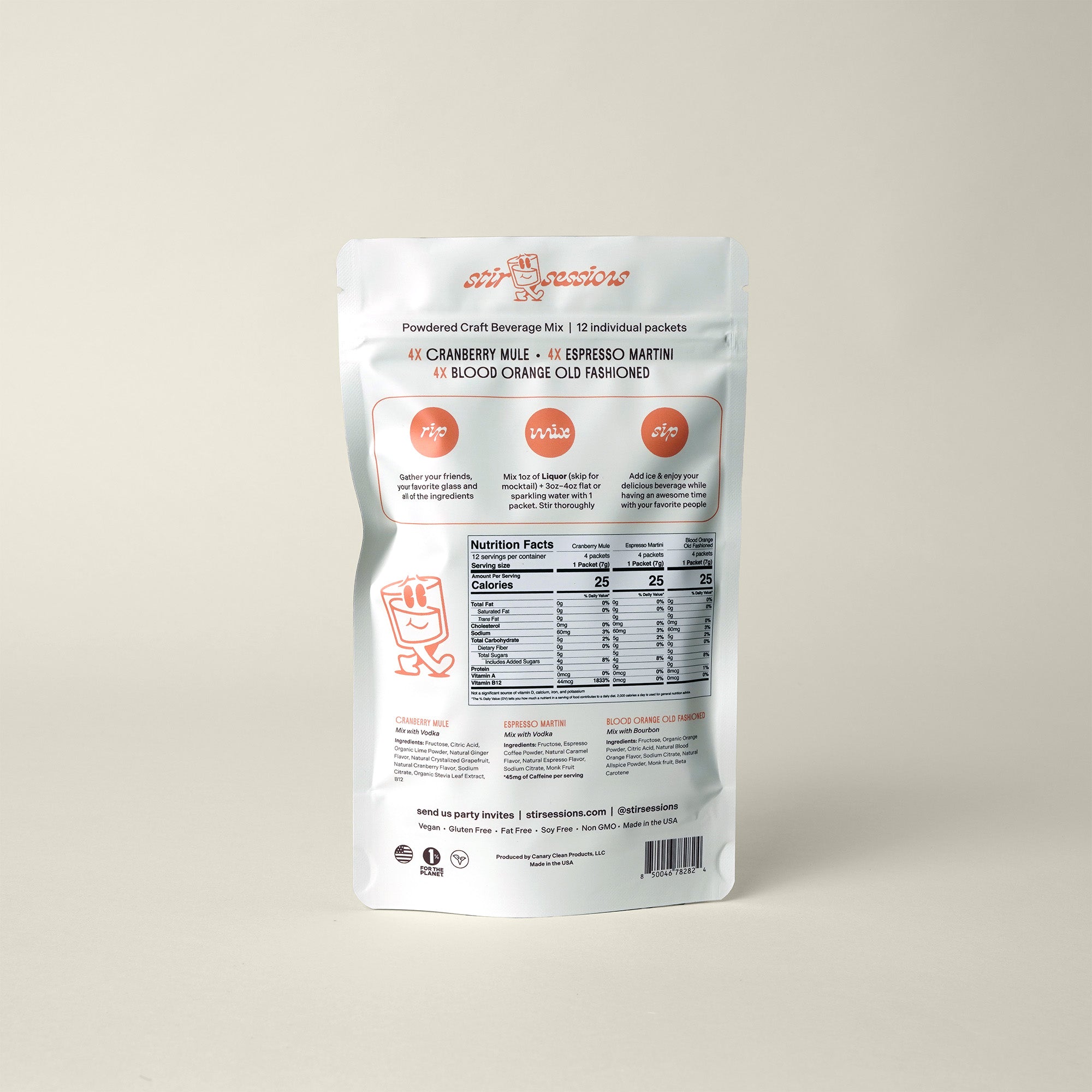 Stir Sessions Cozy Variety Pack of powdered craft cocktail or mocktail beverage mixers packaging on a light gray background, back view.