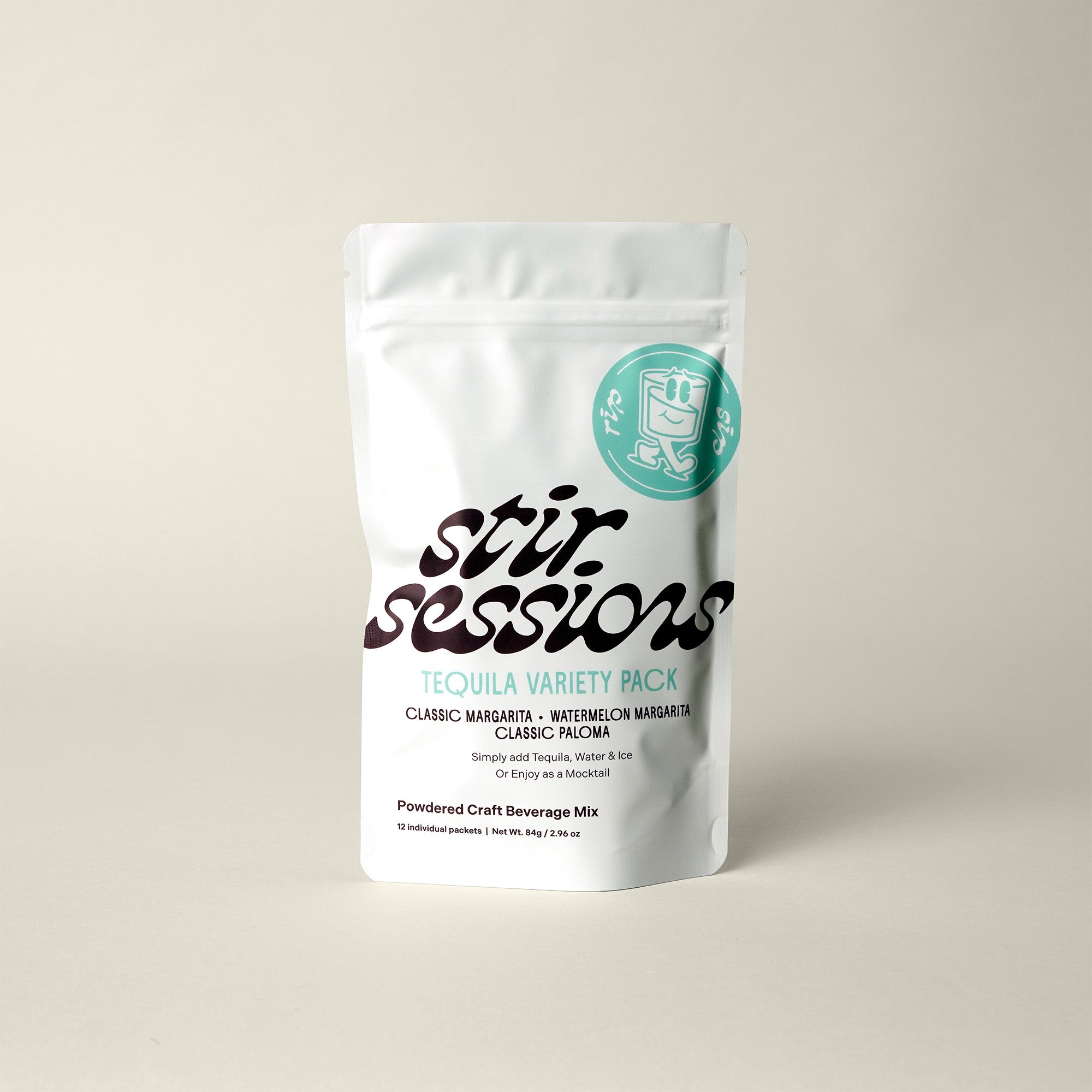 Stir Sessions Tequila Variety 12 pack of powdered cocktail and mocktail mixers.  pack on a light gray background