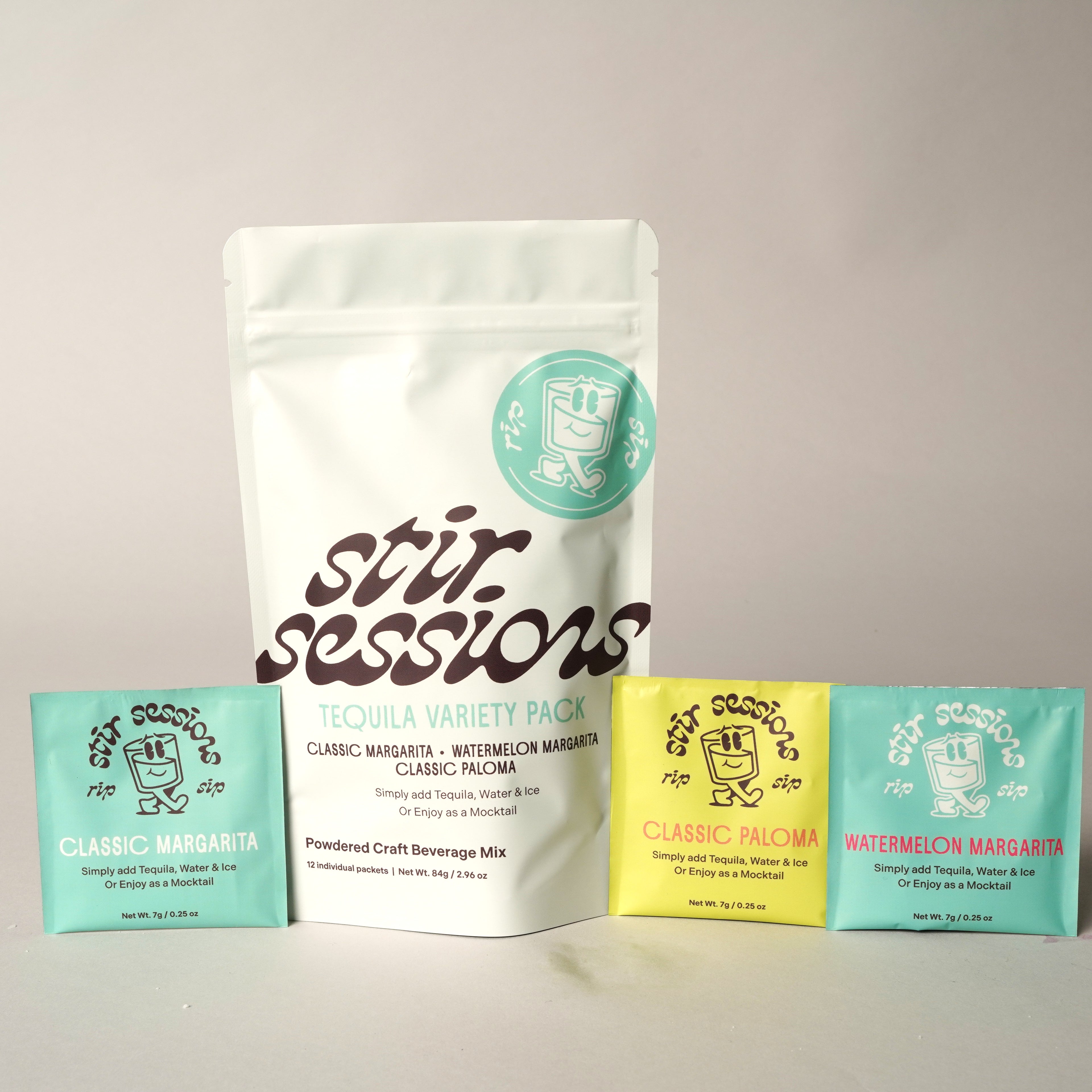 Stir Sessions Tequila Variety 12 pack of powdered cocktail and mocktail mixers with individual packets on a light gray background