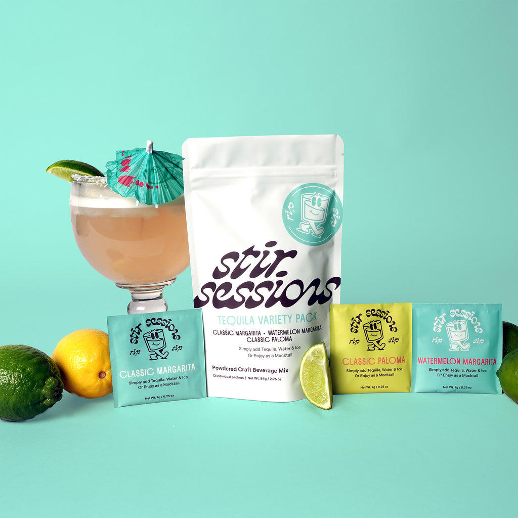 Stir Sessions beverage mix package with a cocktail and ingredients on a teal background