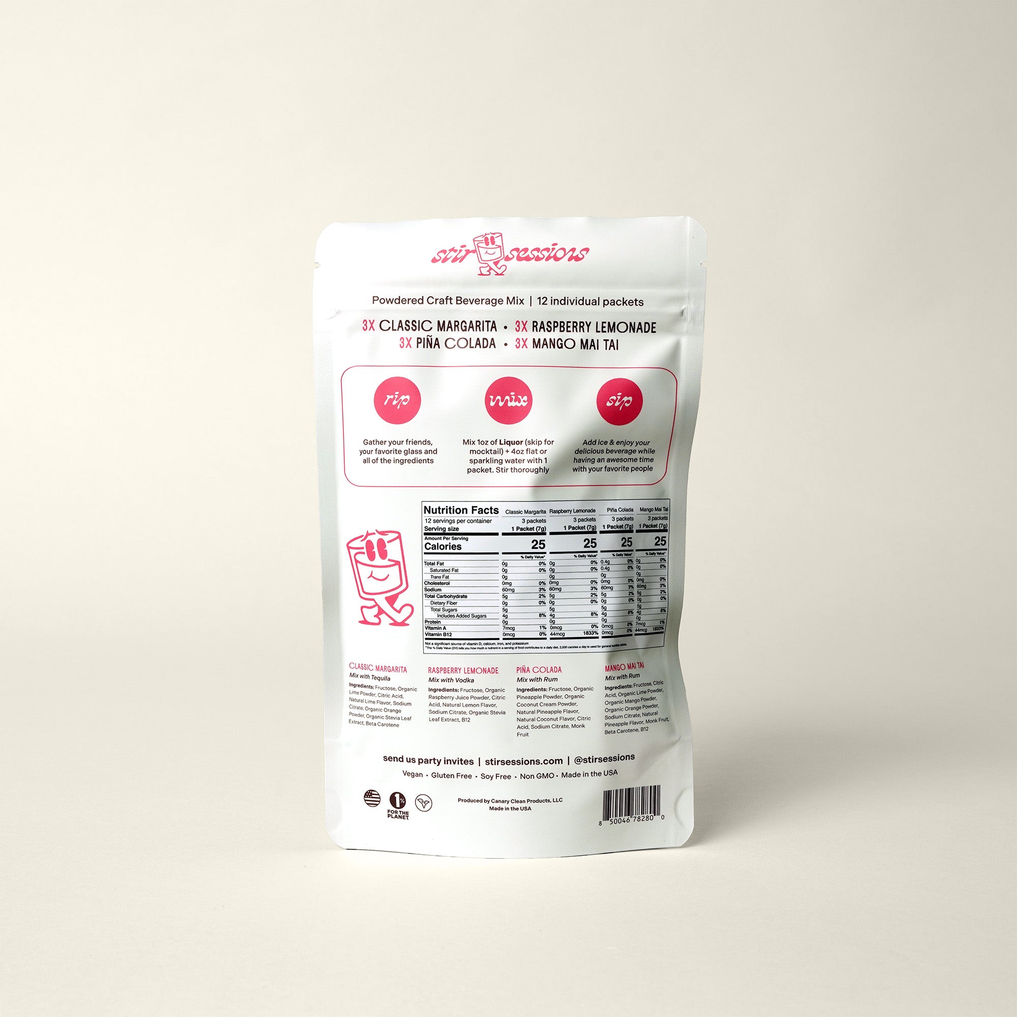 Back image of Stir Sessions Tropical Cocktail Variety Pack with ingredients list on back of packaging in front of white background.