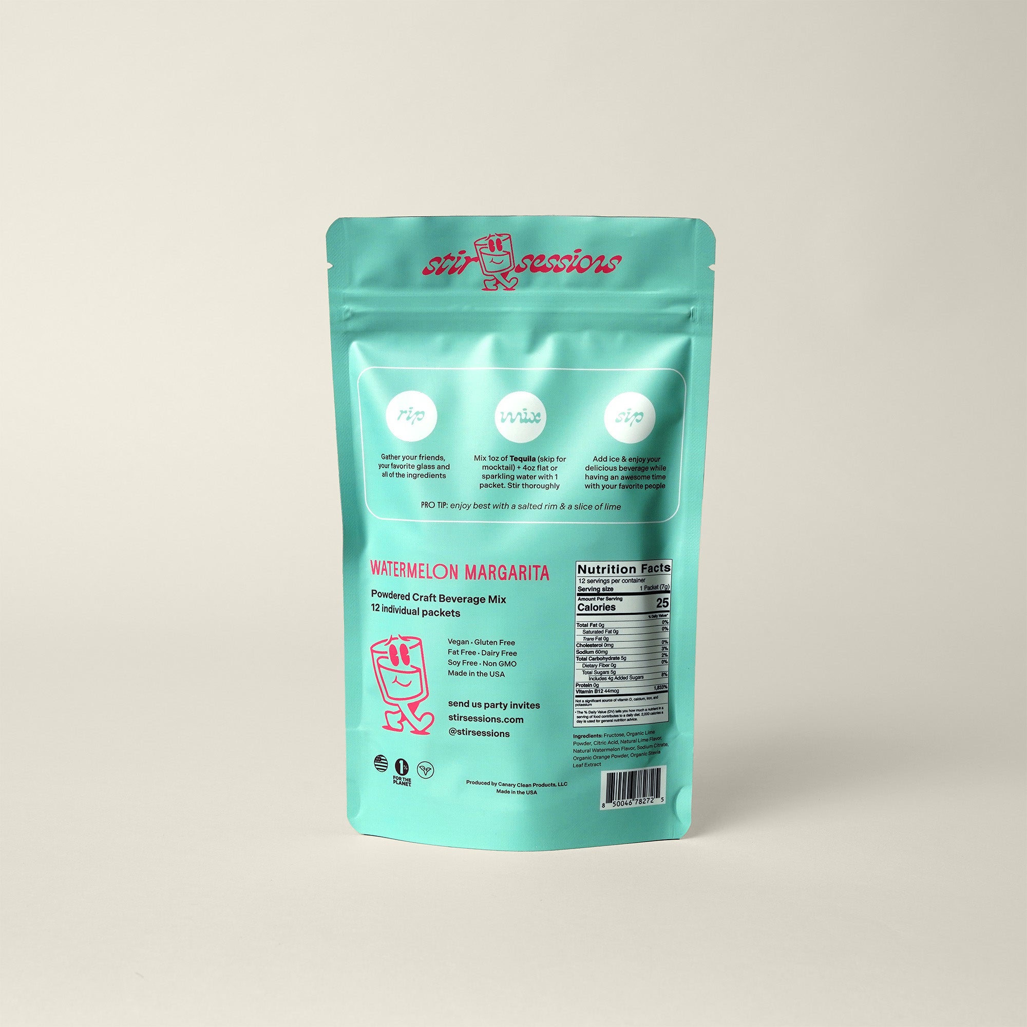 Teal package of Stir Sessions Watermelon powdered cocktail or mocktail drink beverage with nutritional information on a beige background
