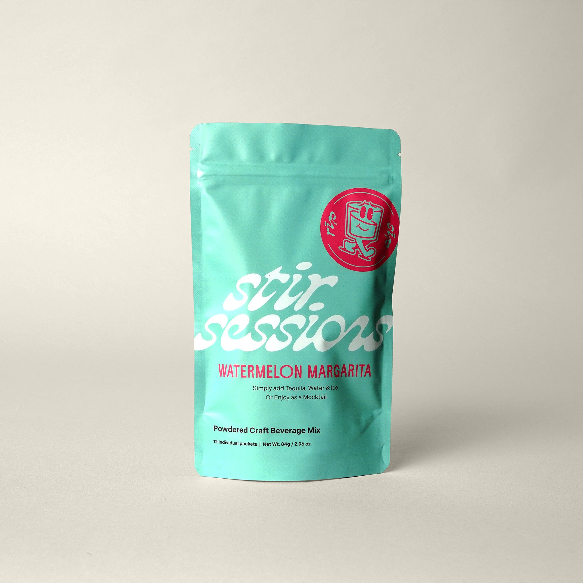 Teal package of 'Stir Sessions Watermelon Margarita' powdered cocktail or mocktail drink beverage on a beige background