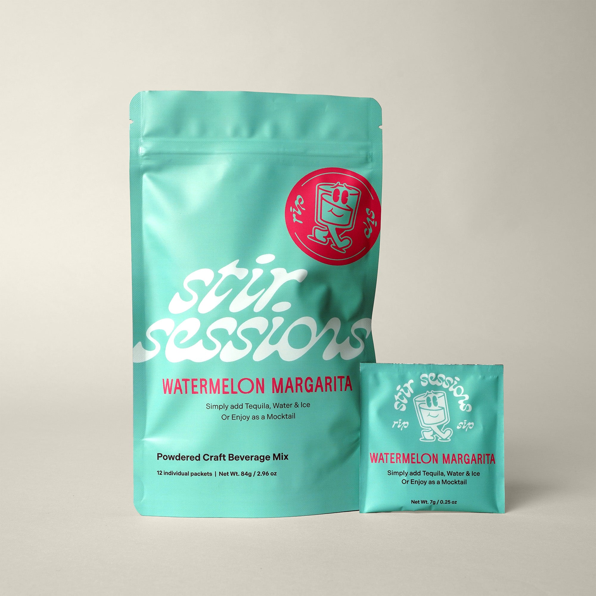 12-pack package of 'Stir Sessions Watermelon Margarita' alongside an single serving packet of powdered cocktail or mocktail drink beverage on a light gray background
